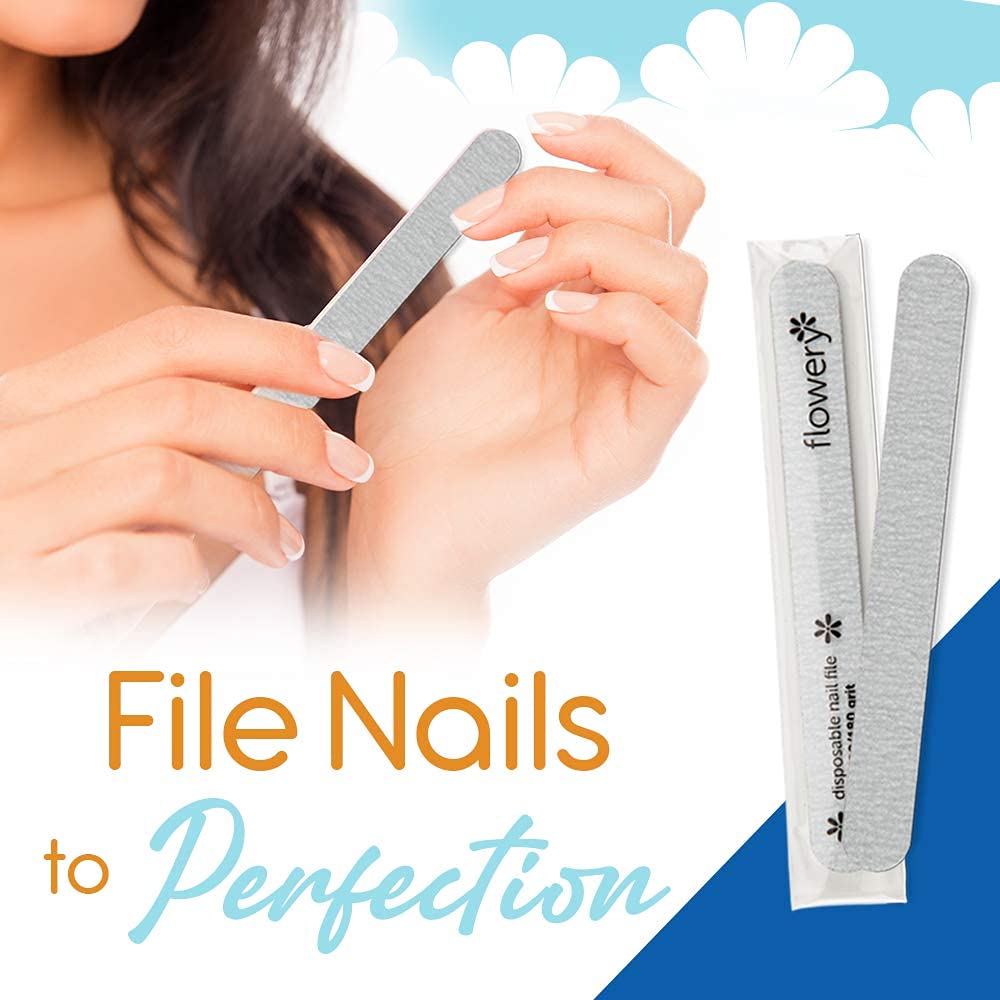 Flowery Nail File 100/180 Grit for Acrylic Nails, Double-Sided Nail Files, Disposable Emery Boards, Manicure Kit, Cushion Core, Silver, 100-Pack