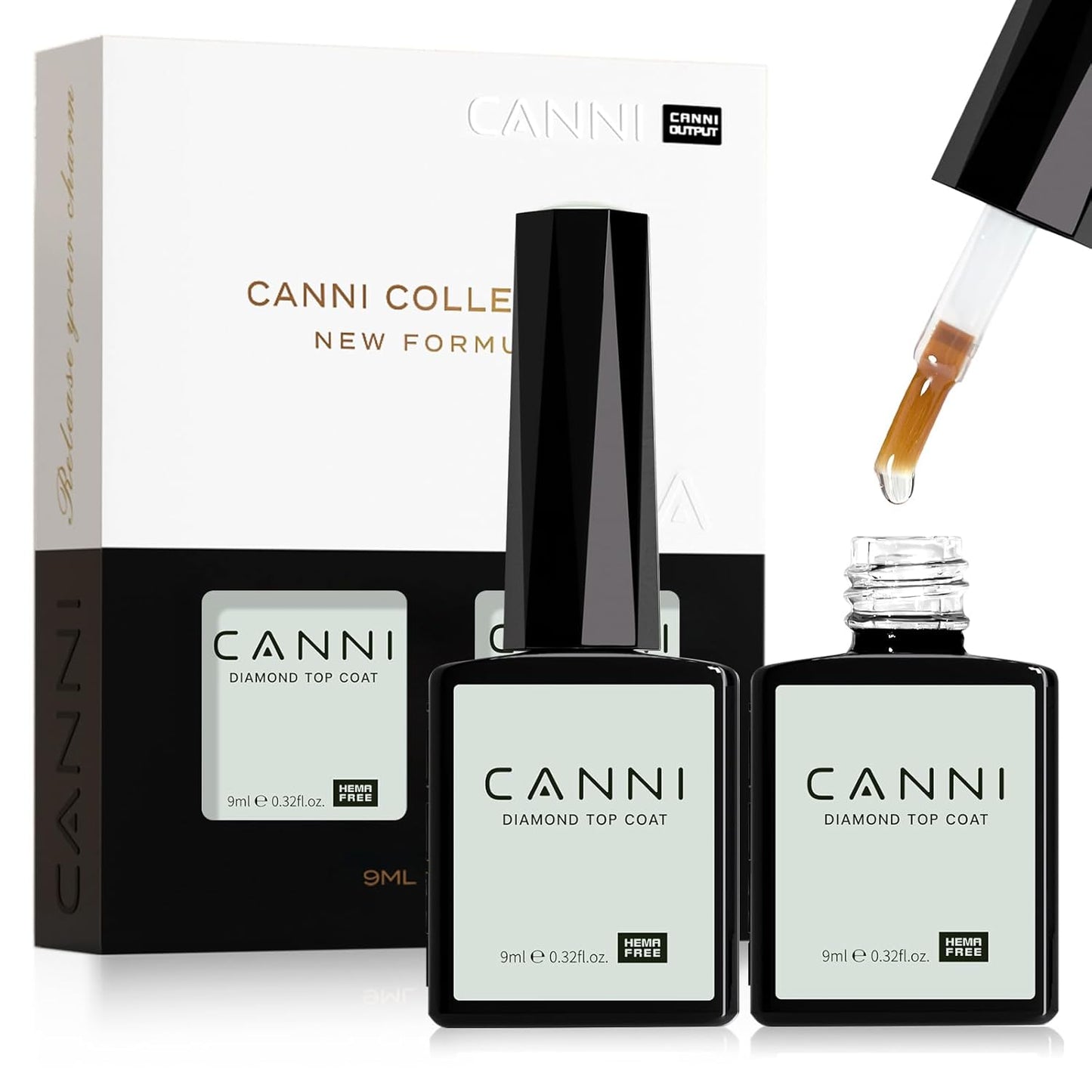 CANNI 2 Pcs No Wipe Gel Top Coat Set- High Gloss Shiny Long Lasting Top Coat Clear Gel Nail Polish Kit, Soak Off Nail Art Home and Professional Manicure