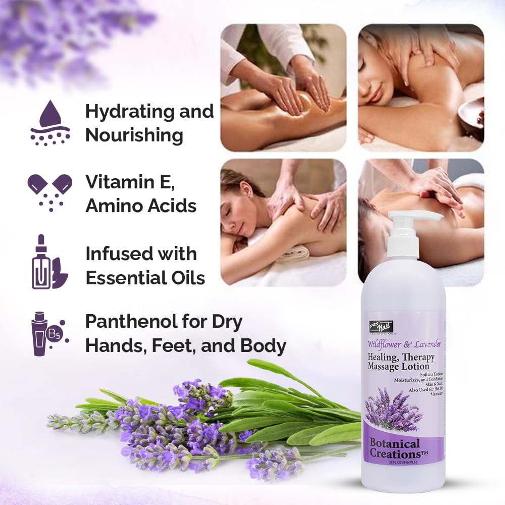 PRO NAIL - Healing Therapy Massage Lotion - Professional Pedicure, Body and Hot Oil Manicure, Infused with Natural Oils, Vitamins, Panthenol and Amino Acids (Lavender, 32 Ounce)