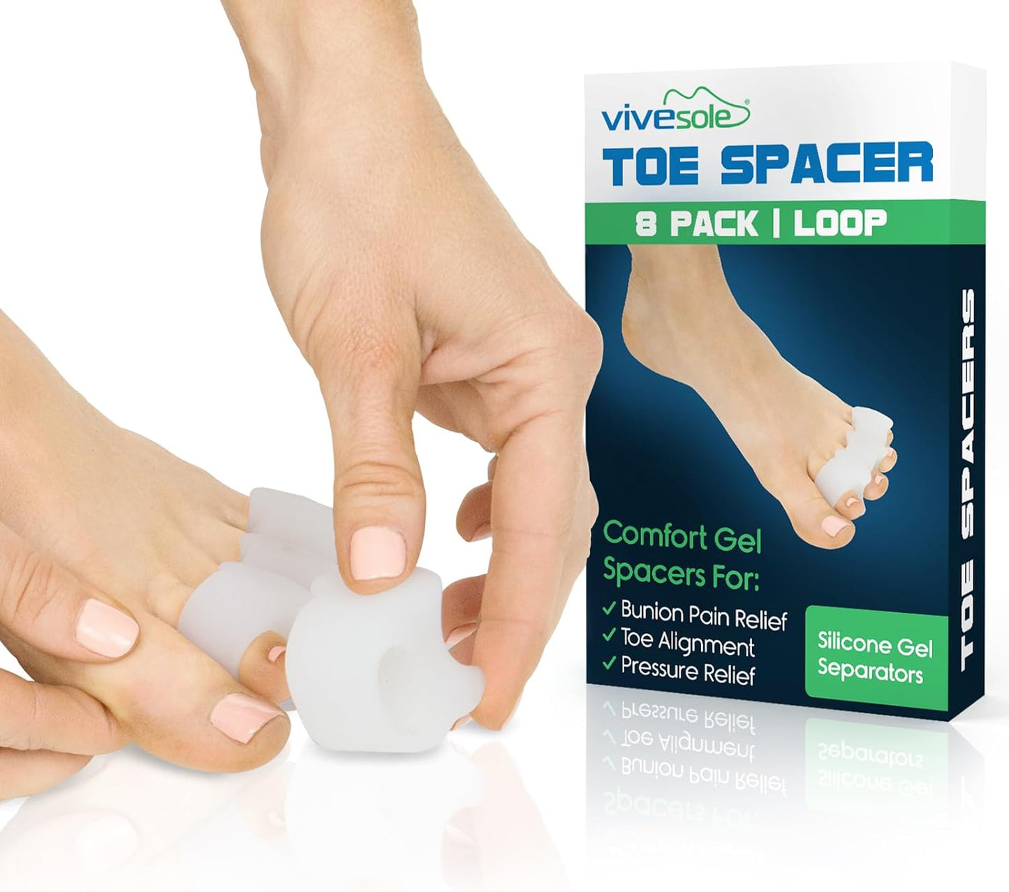 VIVEsole Toe Spreaders for Feet (8 Pack) - Silicone Spacers for Women & Men - Gel Separators for Bunions, Overlapping Toes, Pain Relief - Orthotic Dividers for Athletes, Alignment & Corrector