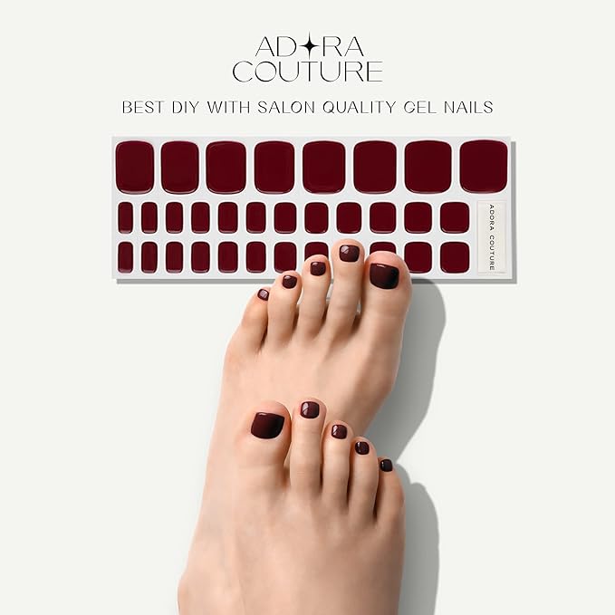 Semi Cured Gel Nail Strips - 32 pcs Gel Pedicure Stickers, Easy to Apply & Remove Toenail Stickers, Salon Quality at Home & Long Lasting - UV Nail Lamp Required - Dark Red P