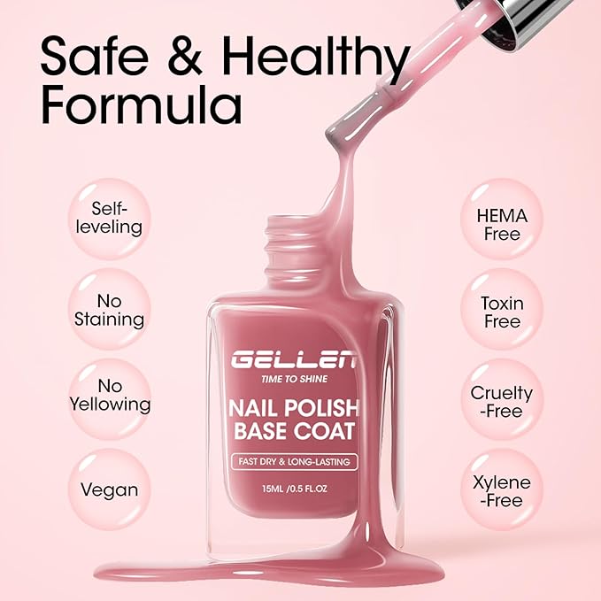 GELLEN 4-In-1 Clear Nail Polish Base Coat Dusty Pink Tint, Sheer Rose Ridge Filler For Nails, Nail Strengthener Concealer, Calcium Formula Smoothes Strengthens Nails, Enhances Natural Look, HEMA Free