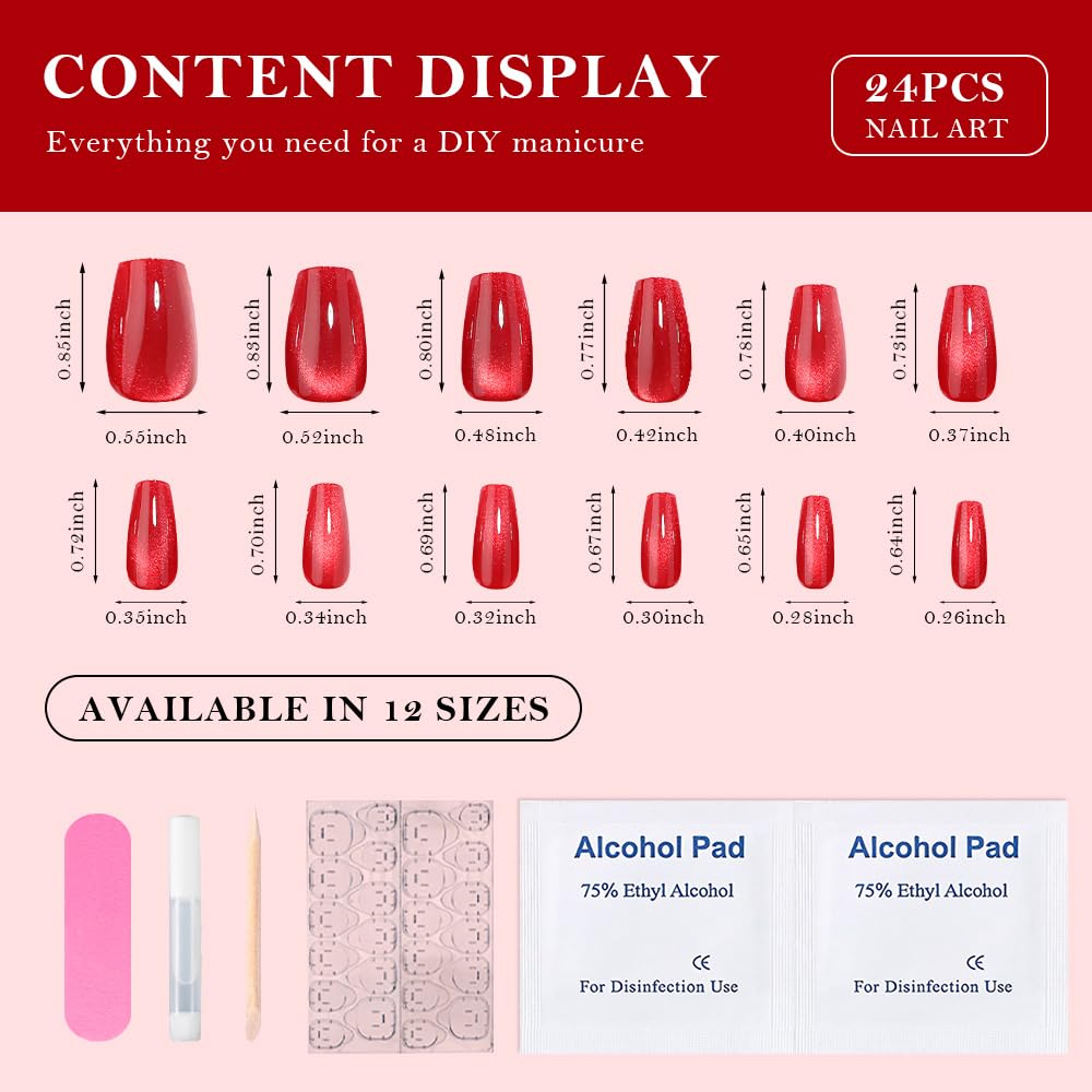 evpct Red Cat Eye Press on Nails Square Medium Coffin, Medium Square Glue on Nails for Women Gift, Red Metallic Glitter Glossy Reusable Spring Summer Stick Gel Press on Acrylic Fake Nail with Designs