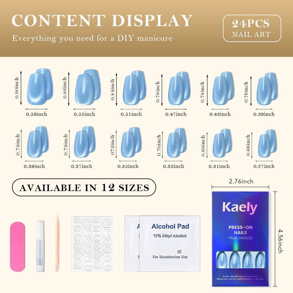 evpct Sky Blue Cat Eye Coffin Press on Nails Square Medium, Medium Square Glue on Nail for Women Gift, Sky Blue Metallic Glitter Glossy Reusable Summer Soft Gel Press on Acrylic Fake Nail with Designs