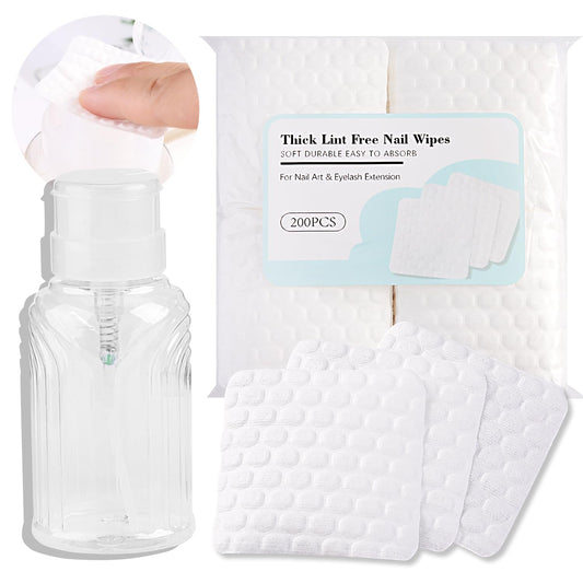 200pcs Nail Polish Remover Lint Free Nail Wipe, Soft Absorbent White Cotton Pad for Eyelash Extension Glue Cleaner Soak To Remove Acrylic Gel Push-Down Pump Dispenser Bottle 290ml(9.81fl.oz)