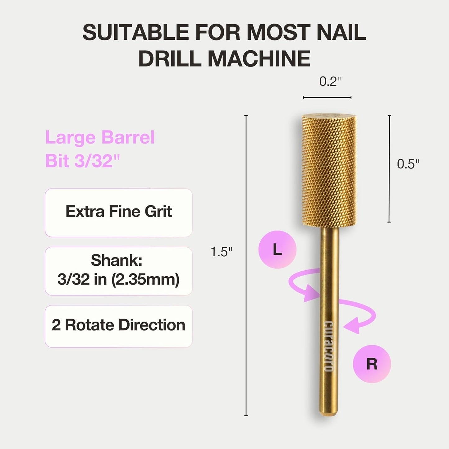 Curacoro Nail Drill Bits 3/32'' - Safe Smooth Stop Large Barrel Carbide Bit (Extra Fine) for Flawless, High-Shine Finish, Refine & Perfect Nail Enhancements, Nail Art Pedicure Manicure Salon & Home