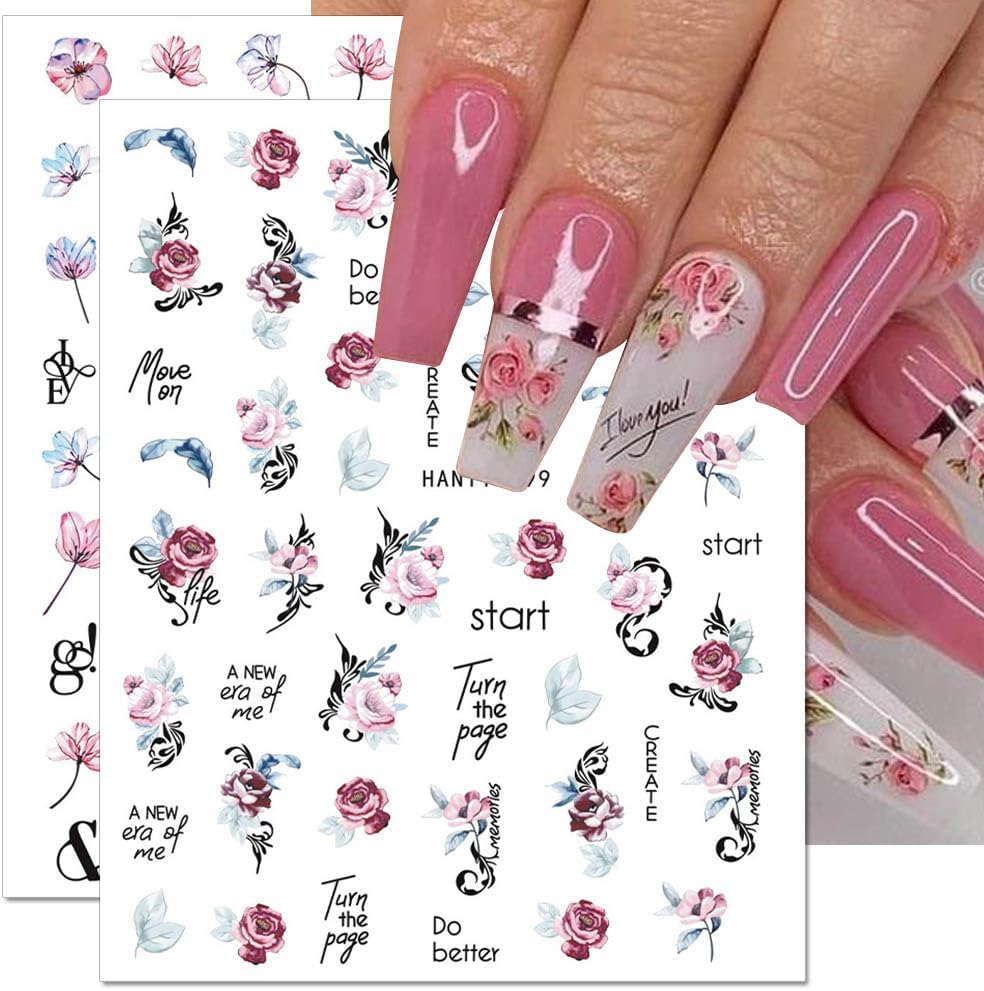 Dornail 8 Sheets 3D Flower Nail Stickers - Spring & Summer Colorful Floral Nail Art Stickers with Blooming Florals & Leaf Designs for DIY Nail Decorations