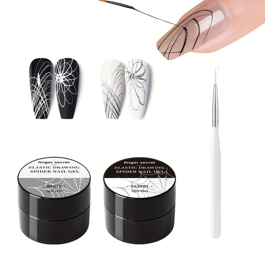 5g/0.18oz Spider Gel Kit for Nails, Spider Design for Art Wire Drawing Nail Gel for Line with Brushes for Nail Art (White Silvery)