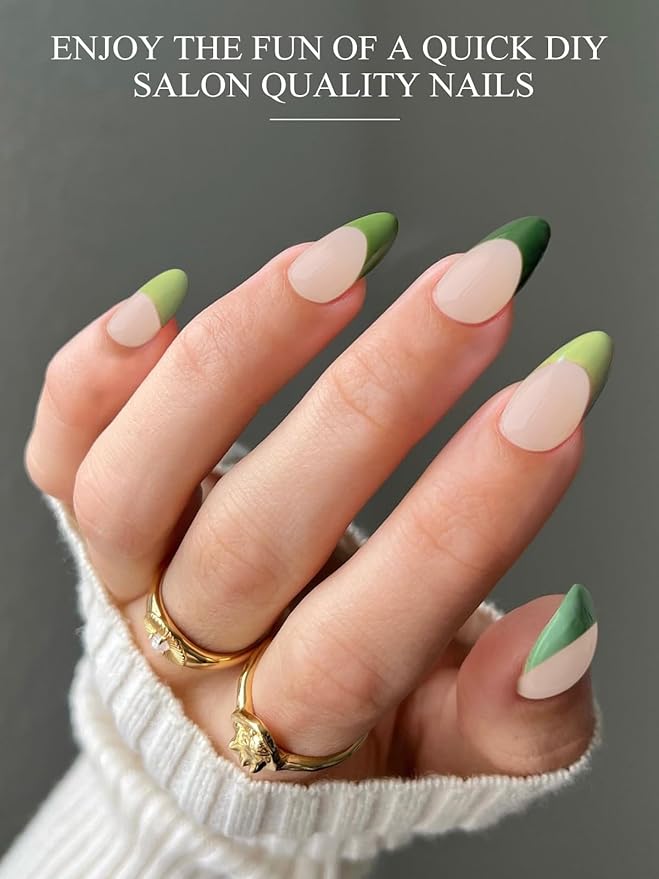 EBANKU 20Pcs Semi-Cured Gel Nail Strips,Green Deep French Nail Sticker, Lasting Waterproof Full Nail Wraps Stickers for Salon Manicures, Perfect for Women, Girl with Nail File and Stick