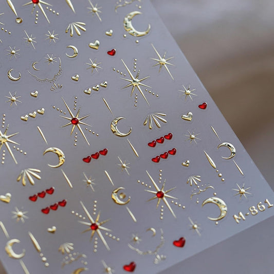 Star Moon Nail Art Stickers Decals 5D Gold Bronzing Embossed Nail Stickers 1PCS Red Heart Star Moon Luxury Nails Design Jelly Nails Adhesive Decals Manicure Supply for Women DIY Nail Art Decorations