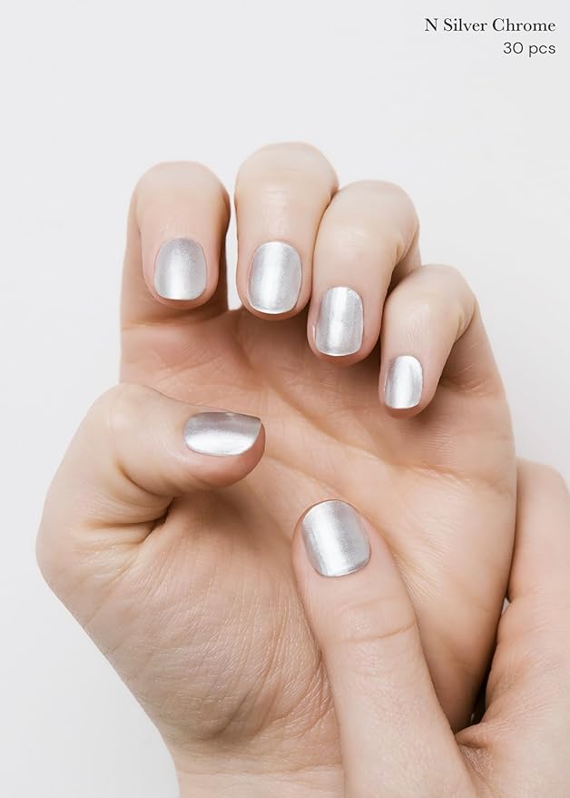 ohora Semi Cured Gel Nail Strips (N Silver Chrome) - White, Metallic, Works with UV/LED Lamps, Salon-Quality, Long Lasting, Easy to Apply & Remove - Includes 2 Prep Pads, Nail File & Wooden Stick