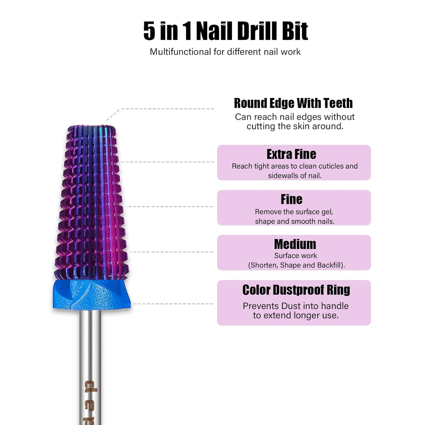 Depvko Super Long 5 in 1 Nail Drill Bits, 3/32'' Carbide Tungsten Bits, Two Way Rotate Professional Advanced Safety Bits for Nail, Fast Remove for Manicure Pedicure (Classic 5in1-Purple, Medium-M)