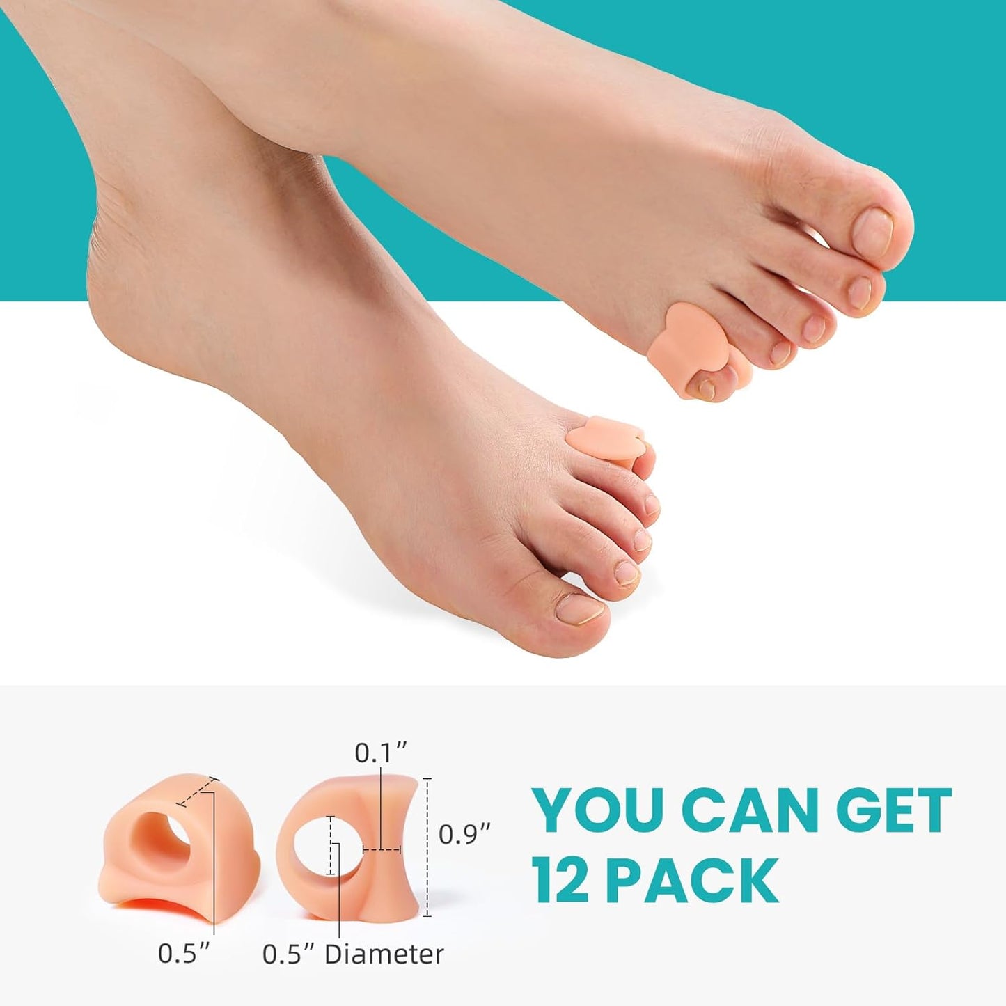 Toe Separators for Women Gel Toe Separators for Overlapping Toes, Bunions, Big Toe Alignment, Corrector and Spacer, Preventing Rubbing Relieve Pressure (Pinky, 12 Pack, Beige)