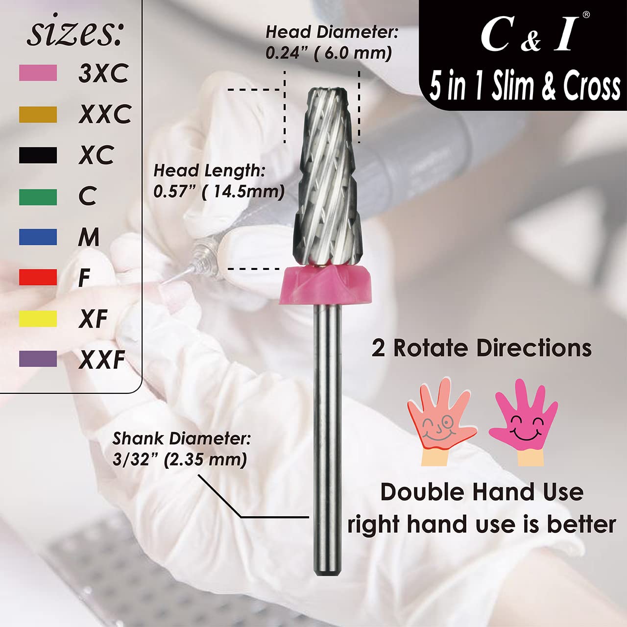 C & I 5 in 1 Nail Drill Bit, Cross & Slim Edition, Professional Nail Drills for Electric Manicure Drill Machine (Extra Fine -XF)