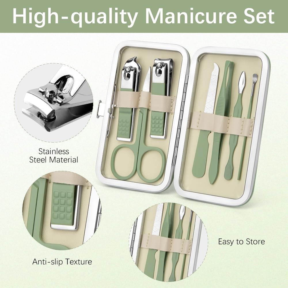 Manicure Set, Stainless Steel Nail Clipper Kit Nail Clipper Set 7 in 1 Manicure Kit Pedicure Kit Portable Nail Grooming Kit Fingernail Toenail Clippers for Men Husband Boyfriend Women Green