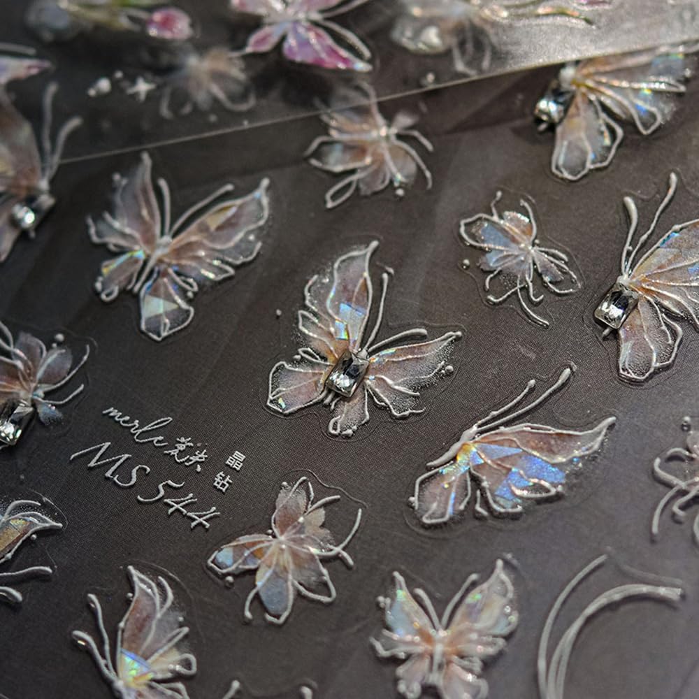 1Pcs Butterfly Nail Stickers 5D Embossed – Premium Salon-Quality Nail Charms with Crystal Diamond Design Accessories, Easy Application & Self-Adhesive Retro Butterflies Decal for DIY Manicure Nail Art