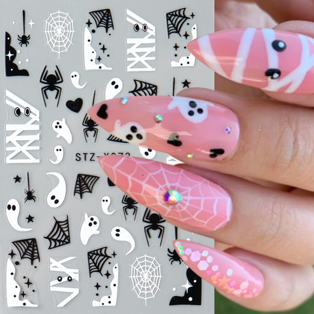 Halloween Nail Art Stickers Decals 3D Ghost Spider Web Nail Stickers 6PCS Cute Ghost Love Heart Spider Web Bandage Eye Ball Halloween Nails Design Adhesive Stickers for Women DIY Nail Art Decorations