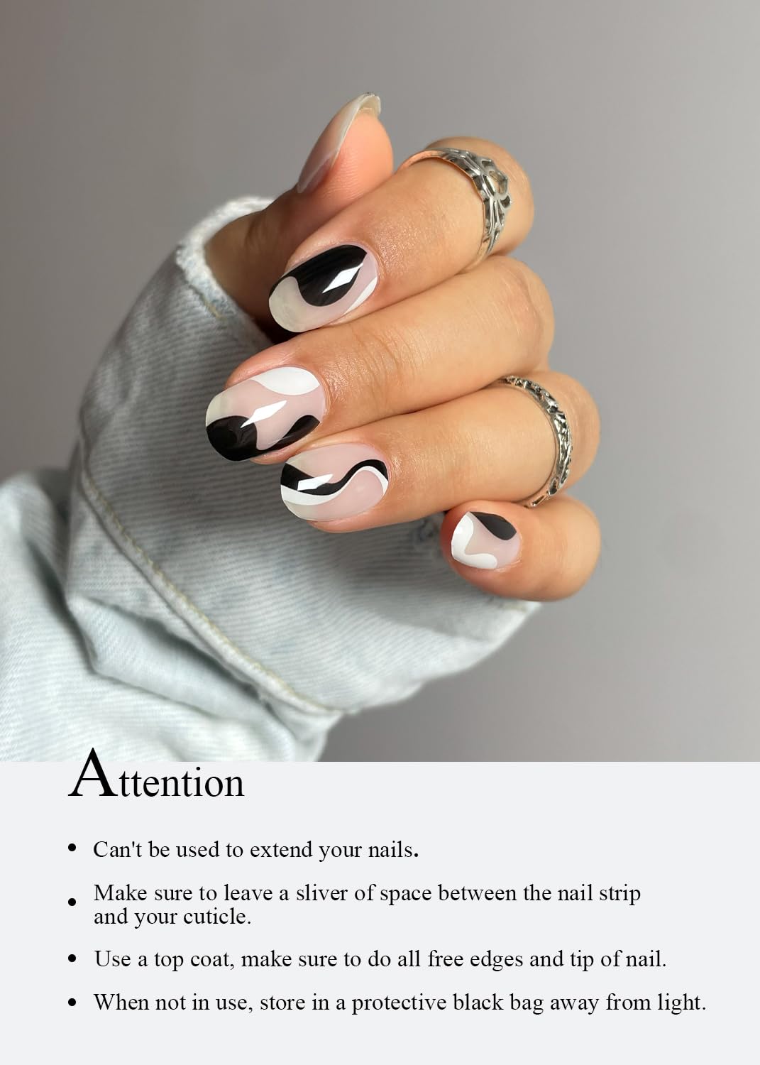 Semi Cured Gel Nail Strips (Black Line), 20 Pcs Gel Nail Wraps, Stickers, UV Light Required, Salon Quality, Long Lasting