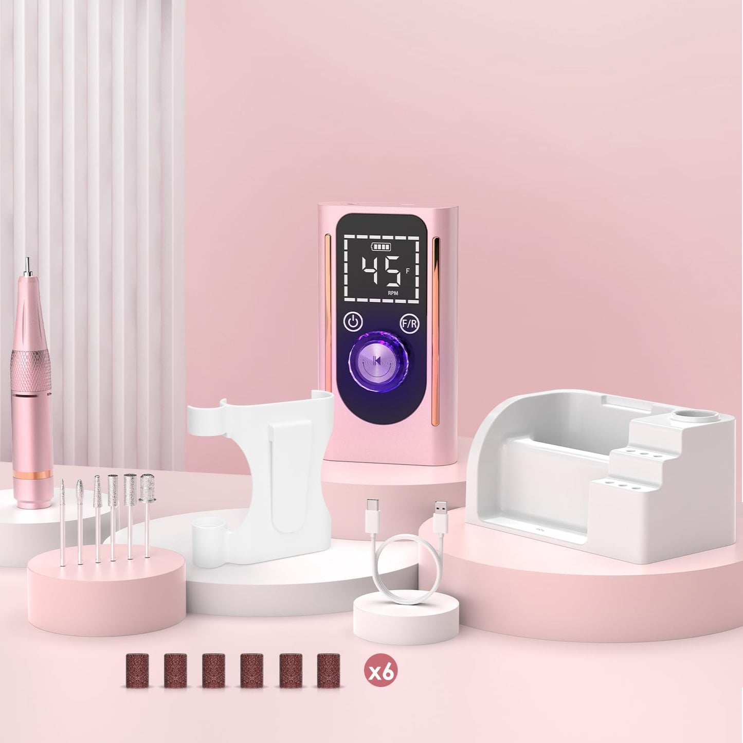 Electric Nail Drill 45000 RPM, Professional Rechargeable Nail File Kit, Portable Nail Drill Machine, Acrylic Nail Kit, Touch Screen Control, for Any Manicure, Pedicure, Pink