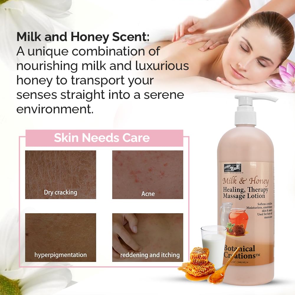 PRO NAIL - Healing Therapy Massage Lotion - Professional Pedicure, Body and Hot Oil Manicure, Infused with Natural Oils, Vitamins, Panthenol and Amino Acids (Milk and Honey, 32 Ounce)