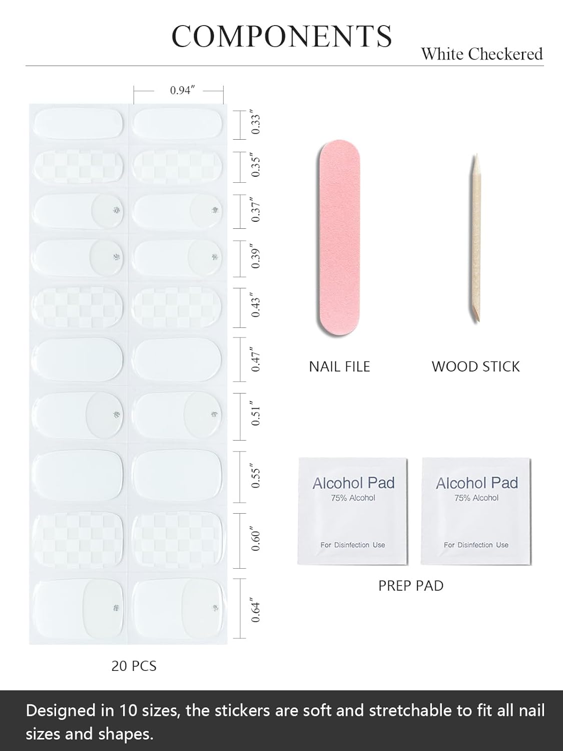 Semi Cured Gel Nail Strips (White Checkered), French, 20 Pcs Gel Nail Wraps, Stickers, UV Light Required, Salon Quality, Long Lasting
