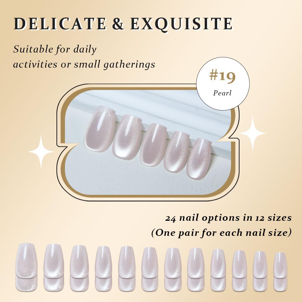 evpct Pearl White Nude Cat Eye Coffin Press on Nails Square Medium, Glue on Nail Medium Square for Women Gift, Pearl Metallic Glitter Glossy Reusable Soft Gel Press on Acrylic Fake Nail with Designs