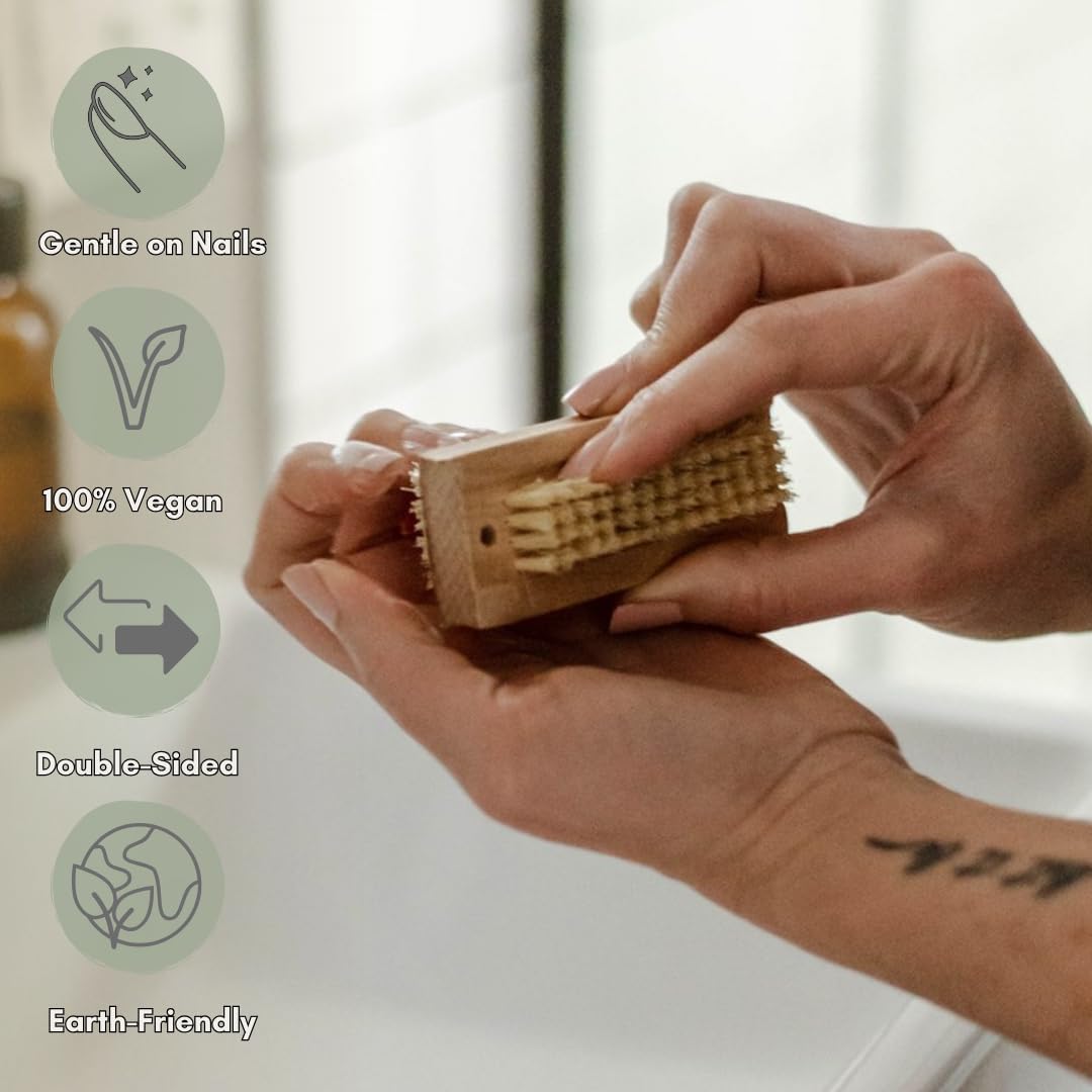 Bamboo Nail Brush (2 Pack), Natural Wooden Double-Sided Scrub Brush with Firm Sisal Bristles, Perfect for Fingernails & Toenails, Eco-Friendly Nail Cleaner for Bathroom & Travel, Durable & Easy to Use