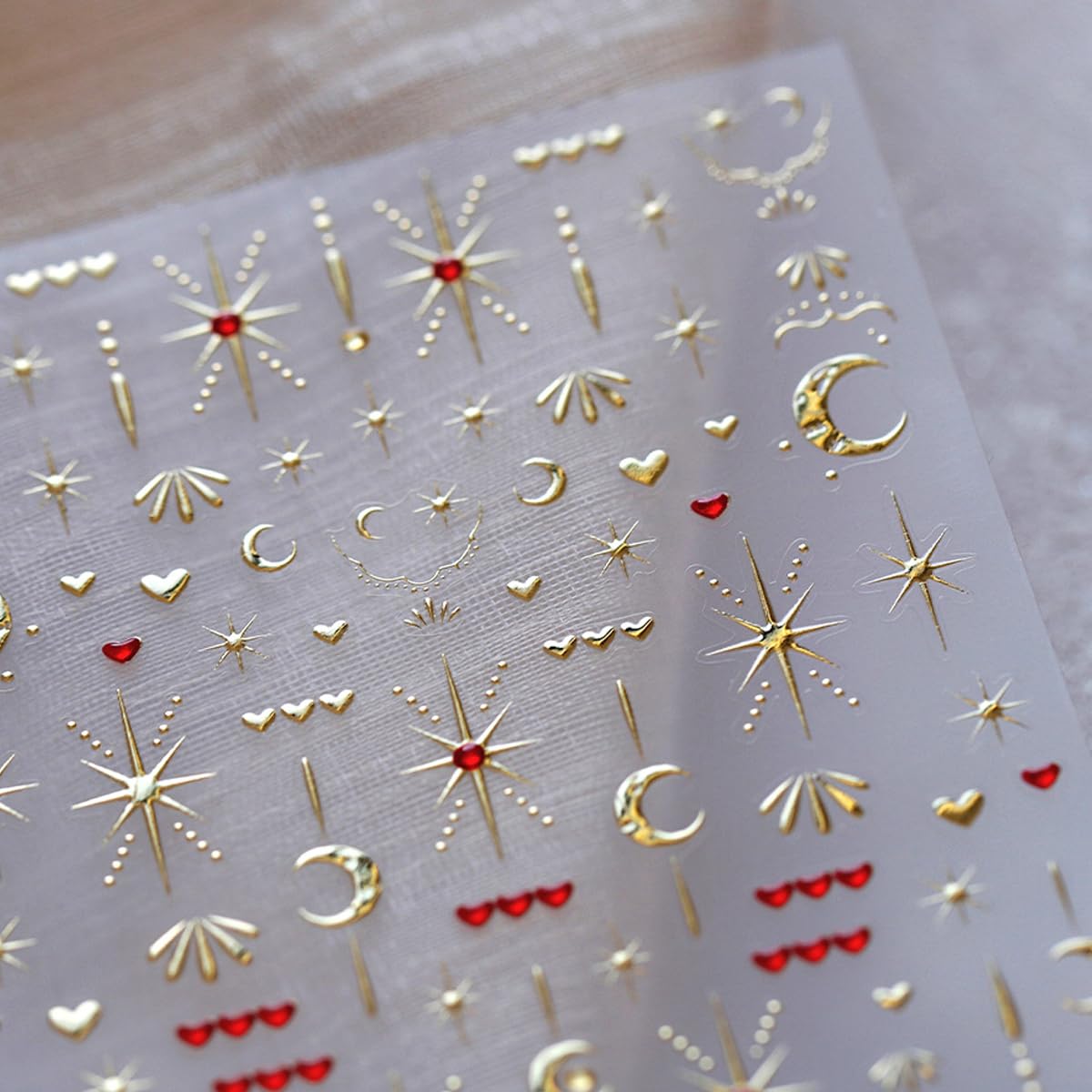 Star Moon Nail Art Stickers Decals 5D Gold Bronzing Embossed Nail Stickers 1PCS Red Heart Star Moon Luxury Nails Design Jelly Nails Adhesive Decals Manicure Supply for Women DIY Nail Art Decorations