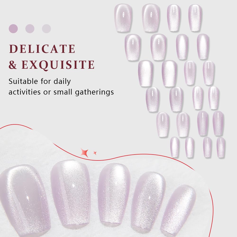 evpct Cat Eye Coffin Press on Nails Square Medium, Medium Square Glue on Nails for Women Gift, Light Lavender Purple Metallic Glitter Glossy Reusable Spring Summer Gel Press on Fake Nail with Designs