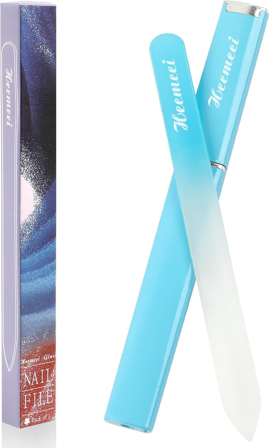 Glass Nail Files - Double Sided 180/320 Grit with Case, Ideal for Natural Nails - Blue