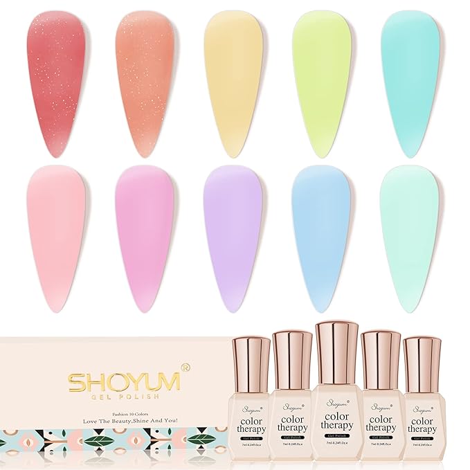 Jelly-Pastel Gel Nail Polish Set - 10 Pcs Pink Nude Gel Polish Set with Summer Yellow Blue Colors - DIY Soak Off Nail Lamp - Easter Decoration Gifts for Women - Manicure Kit