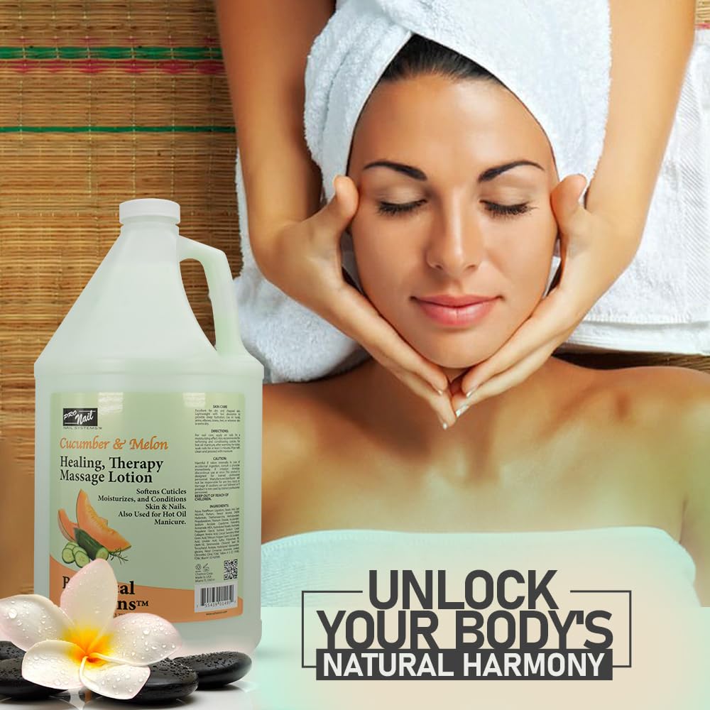 PRO NAIL - Healing Therapy Massage Lotion - Professional Pedicure, Body and Hot Oil Manicure, Infused with Natural Oils, Vitamins, Panthenol and Amino Acids (Cucumber and Melon, 1 Gallon)