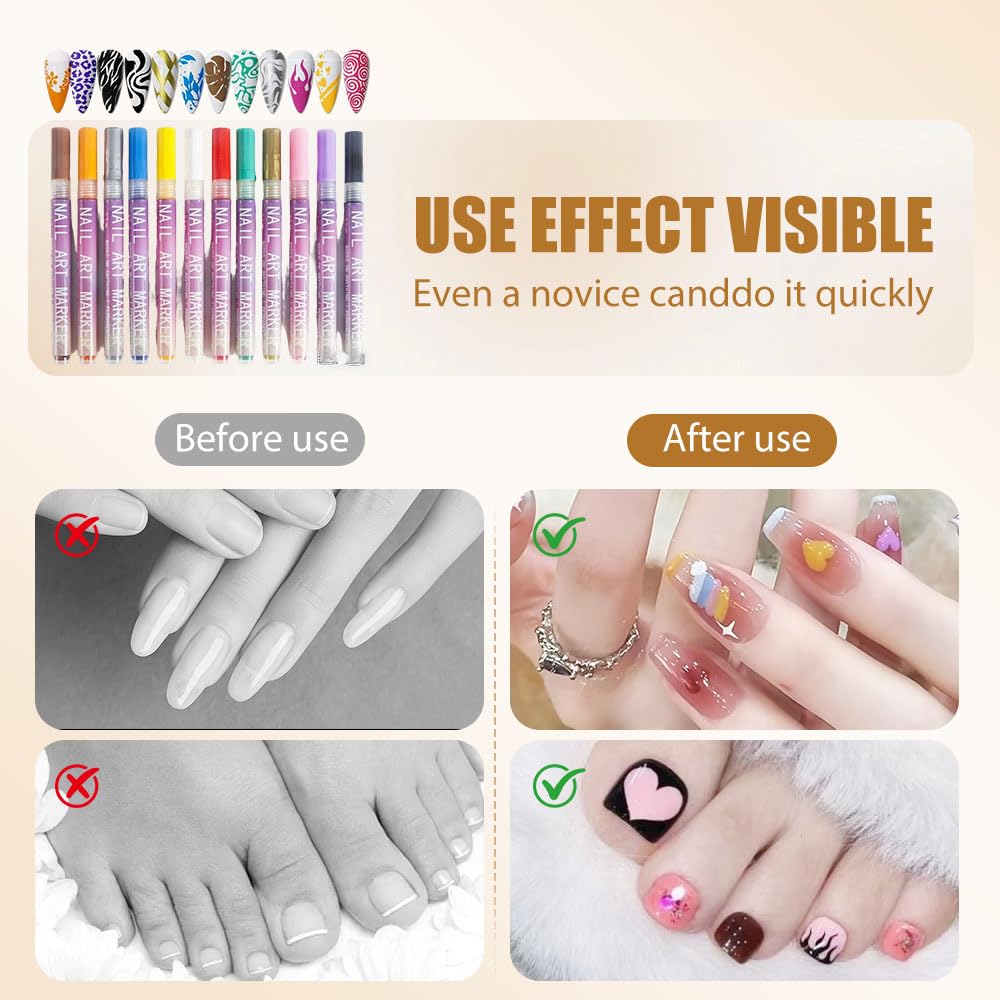 12 Colors Nail Art Pens Set, 2026 New Nail Art Markers for Gel Nails, Nail Art Tools for 3D Nail Art, Nail Art Markers Polish Pen for Graffiti Dotting Drawing Painting Point Liner DIY