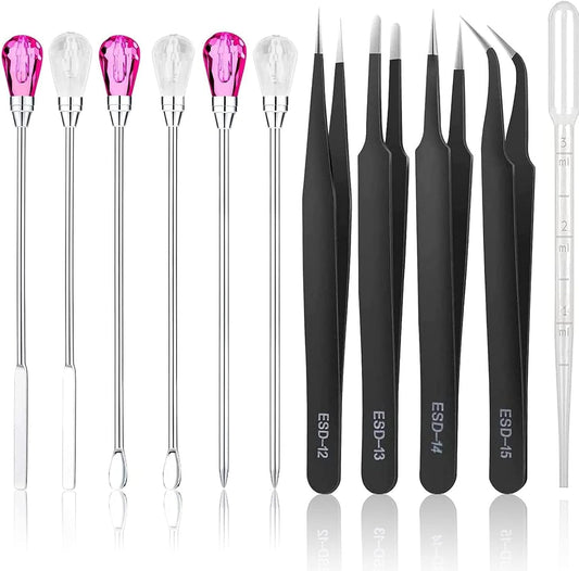 MSDADA 11 Pcs Silicone Resin Mold Tools Set Stirring Needle Spoon Tool Tweezers Precision Kit, Anti-Static Electronics Tweezers Set for Resin Art Crafts,Jewelry Making(Rose Red+White)