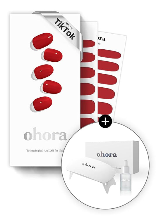 ohora Bundle Set (N Addict Starter Kit) - Red Solid Gel Nail Strips with UV/LED Lamp and Mini Remover, Salon-Quality, Long Lasting, Easy to Apply & Remove - Includes Prep Pads, Nail File, Wooden Stick