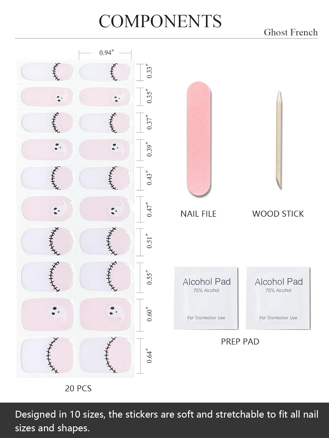 Semi Cured Gel Nail Strips (Ghost French), Halloween, 20 Pcs Gel Nail Wraps, Stickers, Salon Quality, Long Lasting, Works With Any Lamps
