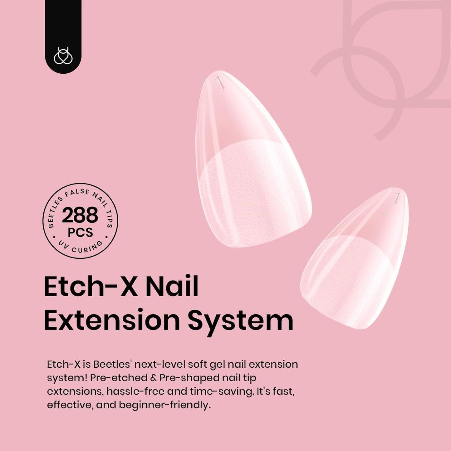 Beetles Extra Short Almond Nail Tips, 12 Sizes 288 PCS Pre-Shaped Clear Full Cover Etch Gel Nail Tips Clear Acrylic Nails Glue on Nails for Girls Women Nail Art Design,Nail Glue Needed