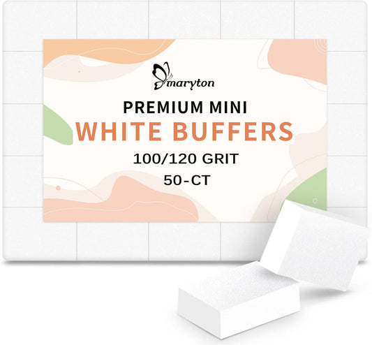 Maryton Mini Nail Buffer Blocks - 100/120 Grit Professional Salon White Buffers - Buff Nails Prior to Application of Gel Polish, Acrylic, 50 Count