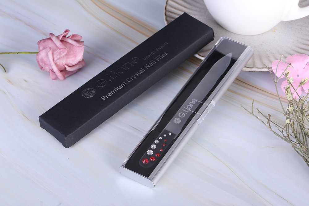 Glass Nail File with Austria Crystals Professional Crystal Fingernail Files in Aluminum Case Perfect Manicure Set for Women Men Kids Nail Care Gift Set (Red Yinyang)