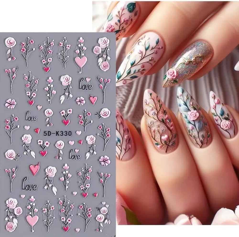 5D Embossed Branch Flowers Spring Nail Art Stickers Purple Flower Nail Stickers Colorful Floral Nail Decals 3 Sheets Flowers and Plants Nail Designs for Women Girls DIY Nail Art Supplies
