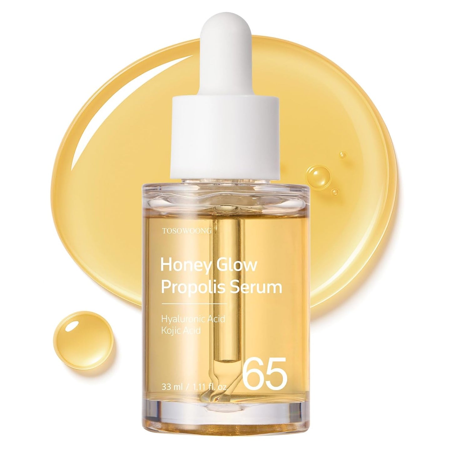 TOSOWOONG Honey Glow 65% Propolis Serum, Hyaluronic Acid, Kojic Acid, Niacinamide, Hydrating Facial Soothing Moisturizer for Irritated Uneven Skin Tone, Glass Skin, Korean Skin Care, 33ml, 1.11 fl.oz.