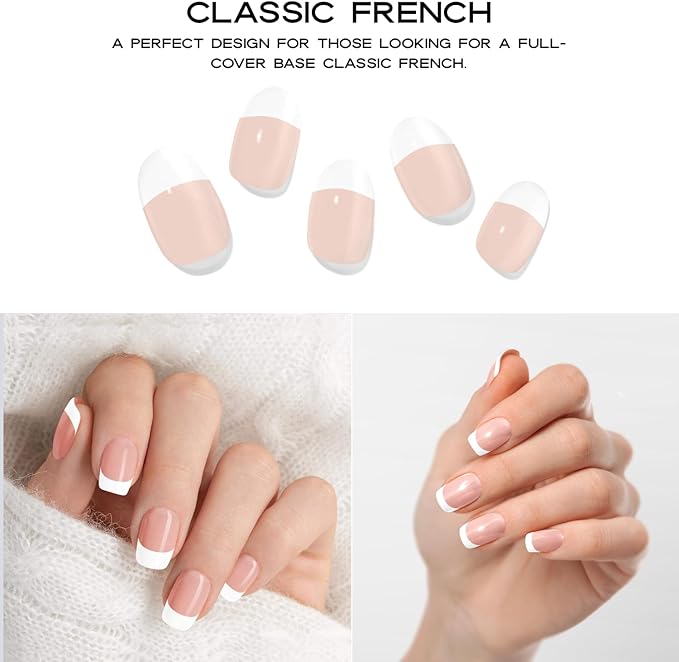 Semi Cured Gel Nail Strips with 30 Pieces - Salon Quality Manicure Kit for Women Easy Application Wraps Includes Prep Pads Nail File Wooden Stick, UV Light Required (Classic French)