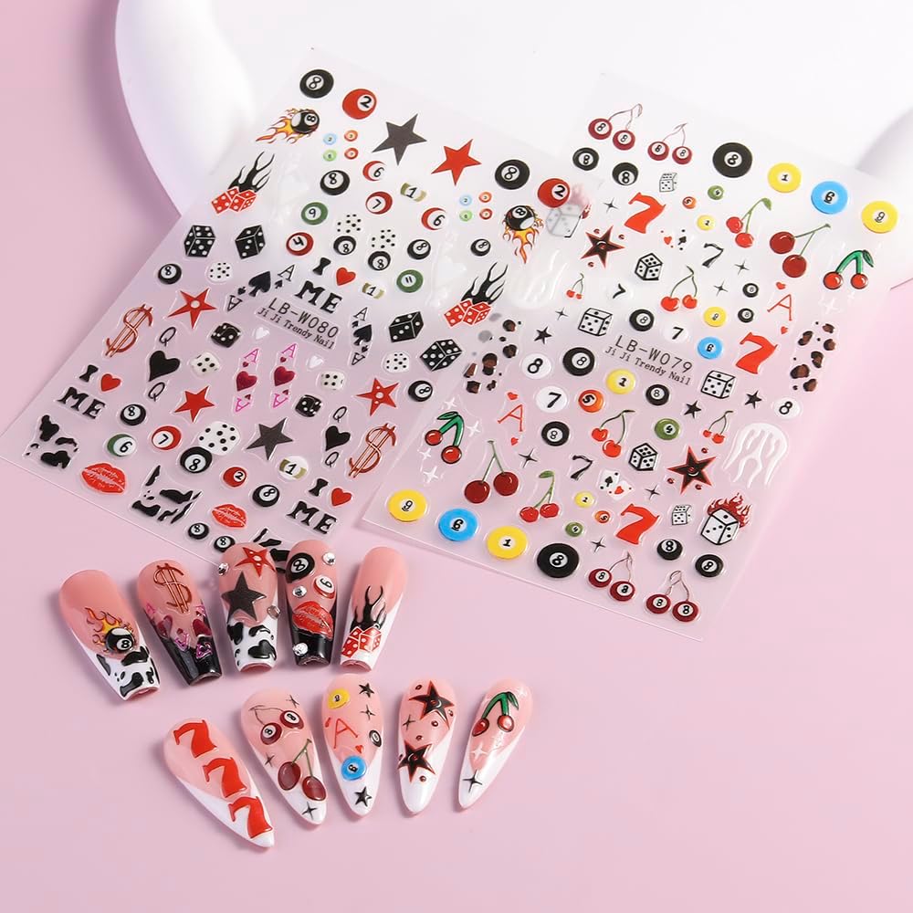 4 Sheets Pool & Dice Nail Art Stickers Decals, Cute Cartoon Style Dice Billiard Numbers Cherry Star Nail Art Design 5D Embossed Self-Adhesive Nail Decals Manicure Decorations for Women Girls