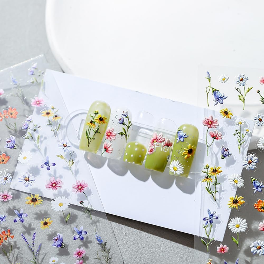 1Pcs Embossed Flower Nail Stickers Small Daisy Nail Decals 5D Embossed Wildflower Nail Art Stickers Spring Summer Self-Adhesive Nail Supplies Flower Design Nail Art Decoration for Women Girls Kids
