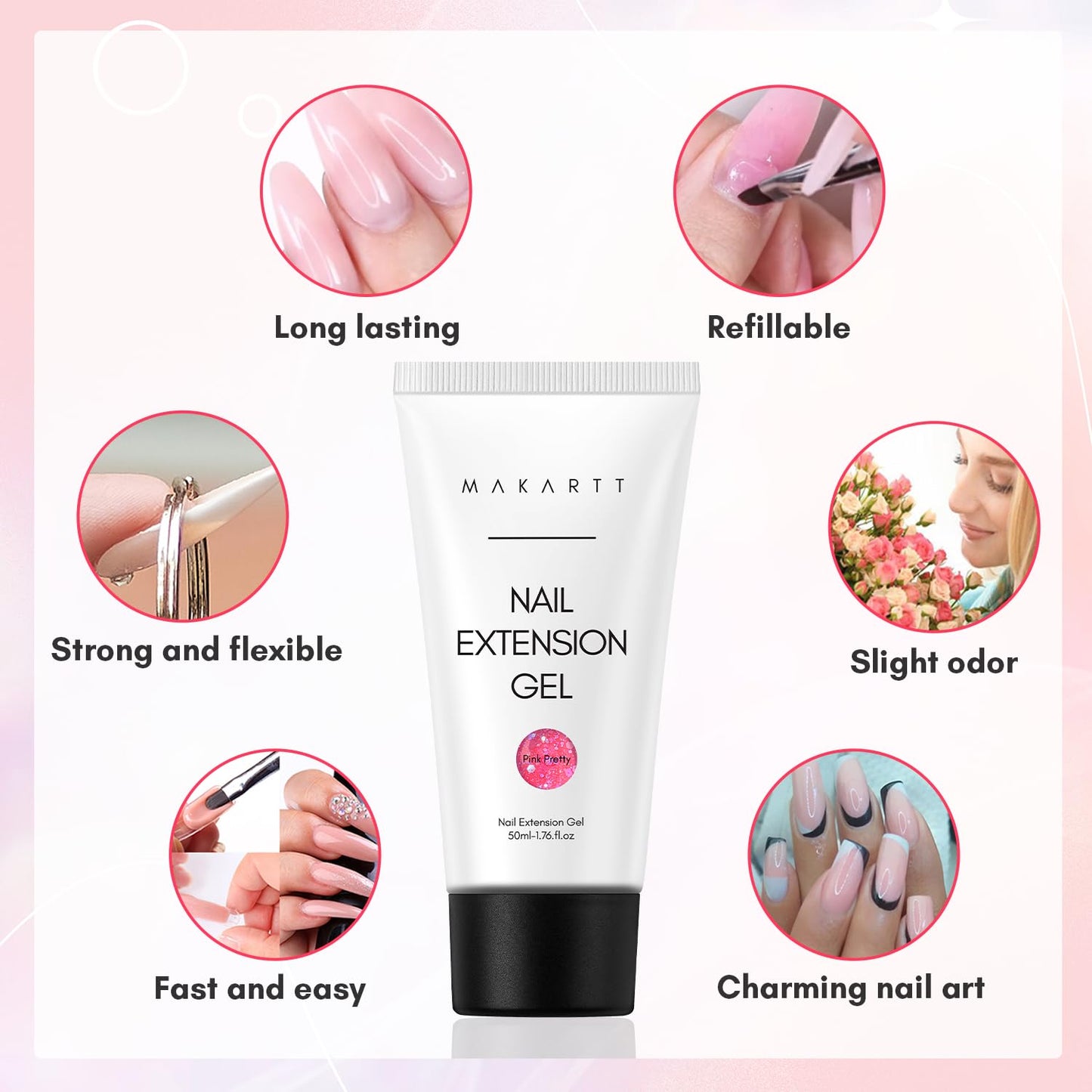 Makartt Poly Nail Gel-50ML Large, Dark Hot Pink Glitter Color, Strong Builder for Extension Overlay Strengthener 3D Diy, Long-lasting for Nails French Manicures Home Salon-Pink Pretty