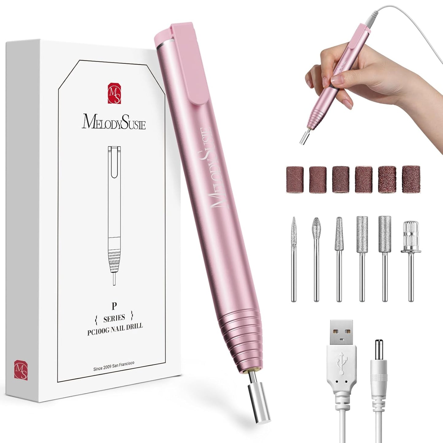 MelodySusie PocketNail Slim Ergonomic Pen-Shaped USB Nail Drill, PC100G 20000RPM Portable Electric File for All Manicure, Pedicure Nail Care, Shaping & Gel Removal at Home for Beginners