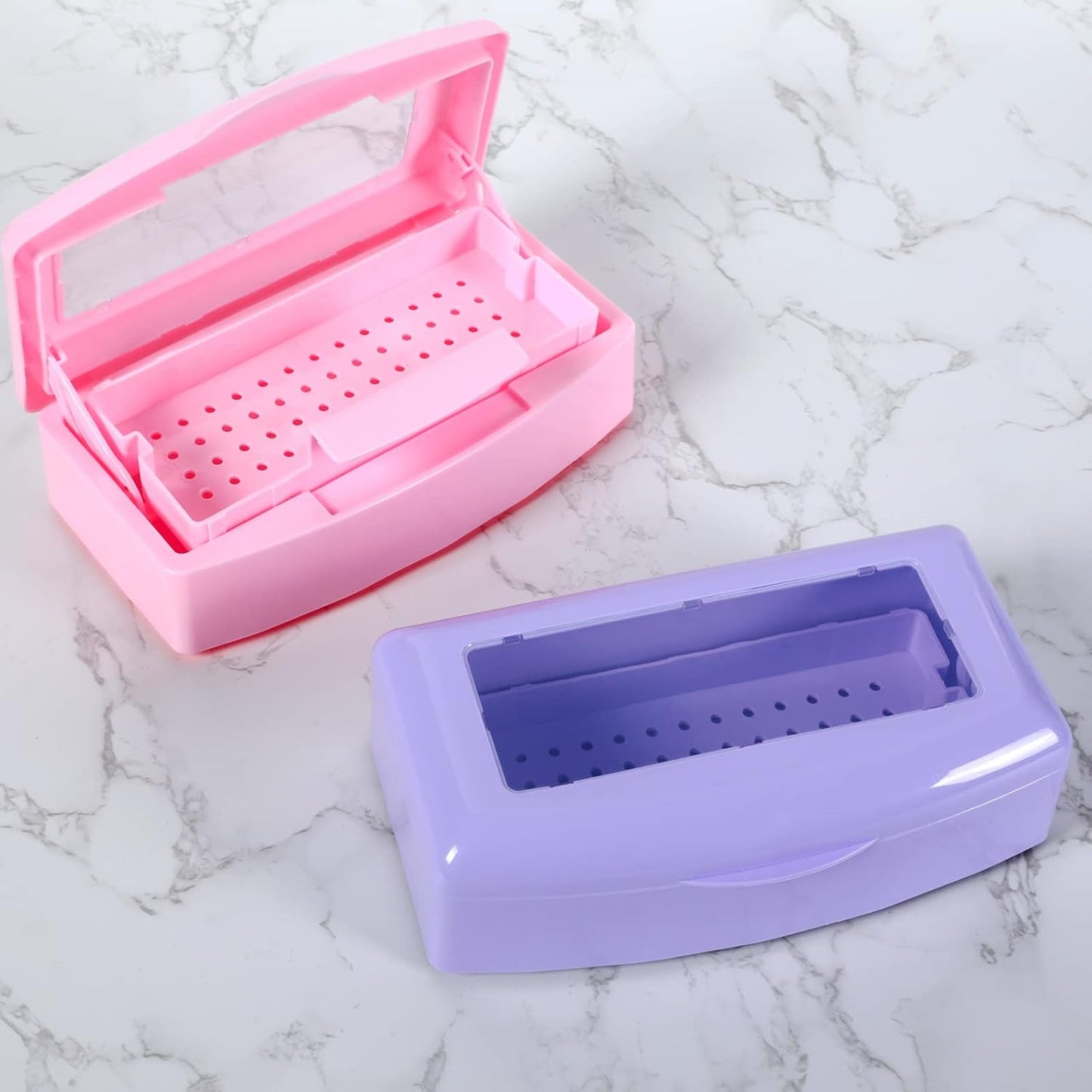 Plastic Sterilizing Tray-Barbicide Sterilization Tray,Clean Sterilizer Box Storage Organizer for Nail,Tweezers,Hair Salon,Spa & Cutter Manicure Equipment-Clear Lid Pink