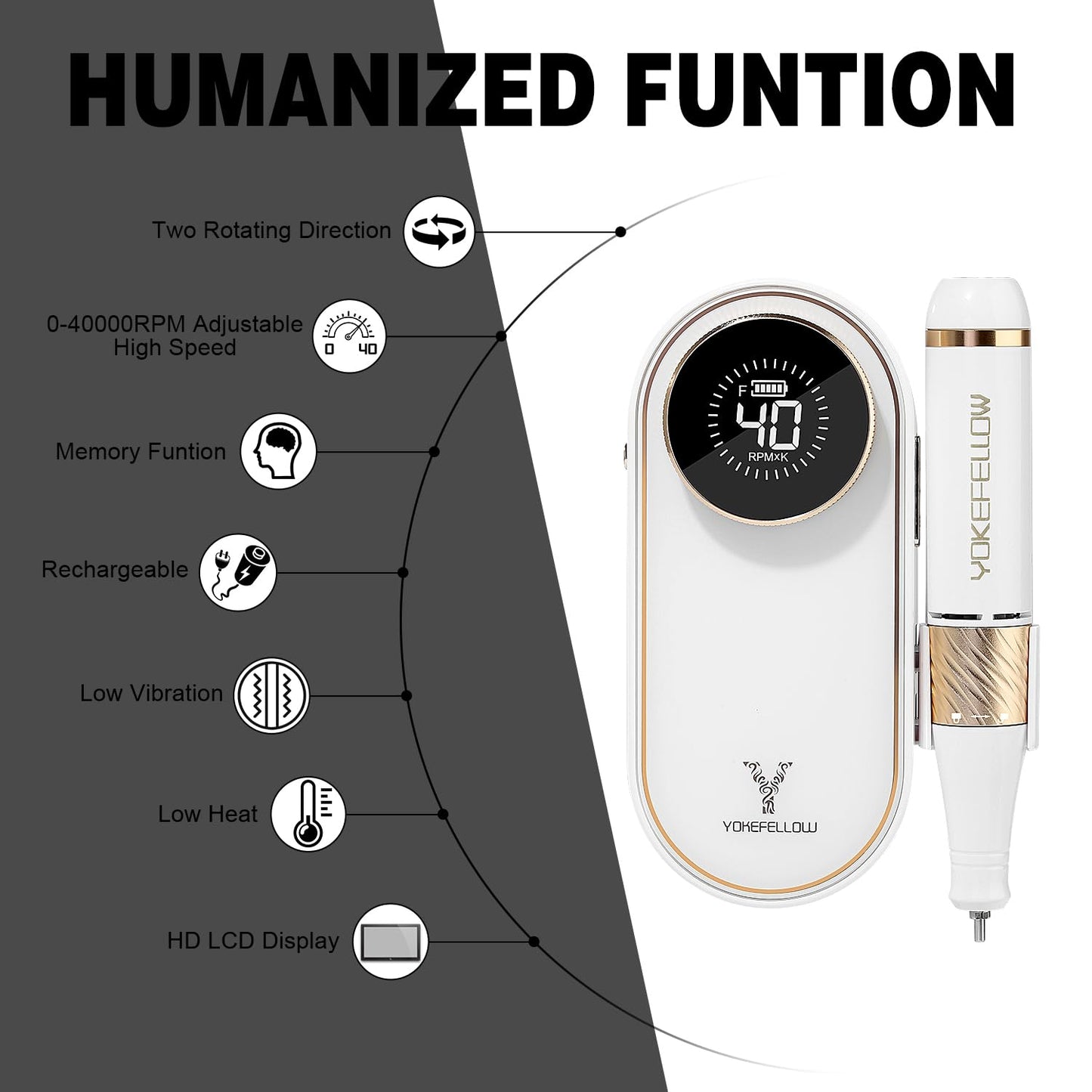 YOKE FELLOW Nail Drill Machine - 4000RPM Nail Drills for Acrylic Nails Professional with 12 Drill Bits for Electric Nail File Manicure Pedicure Home Use (White)