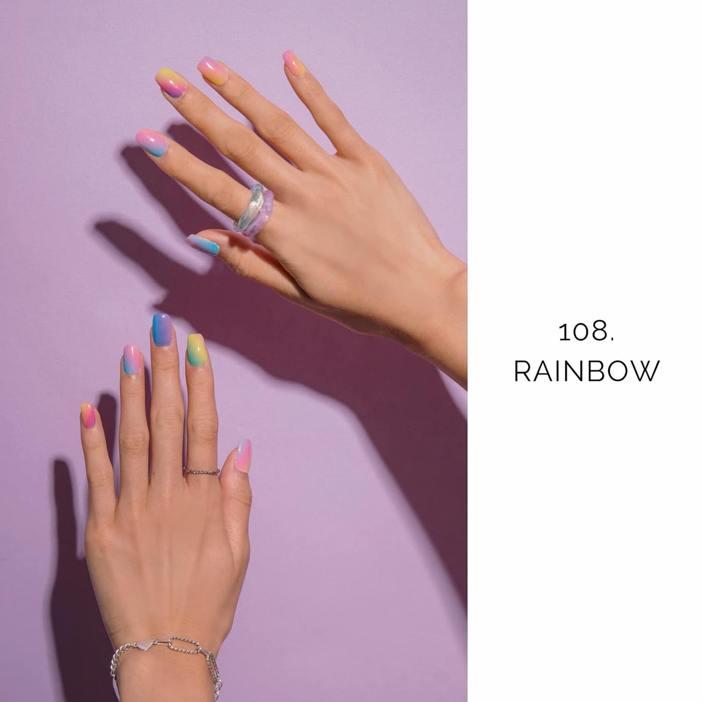 NAILOG Semi Cured Gel Nail Strips for Spring (20 Extra Long Polish Stickers/Wraps) │ Glossy & Long Lasting Soft Gel Finishing (Rainbow)