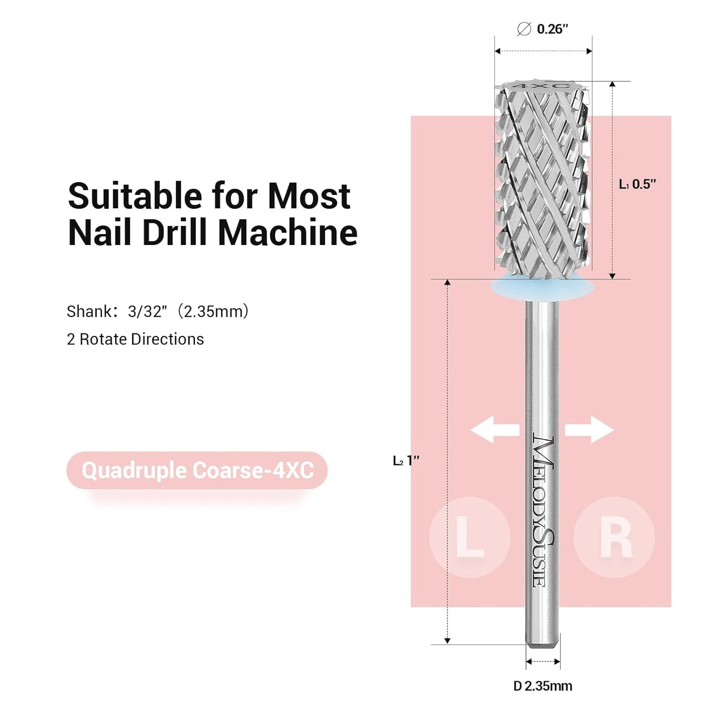 MelodySusie Large Barrel 3/32'' Tungsten Carbide Nail Drill Bit, Fast Remove Acrylic Gel, Cuticle Gel Polishing for Manicure Pedicure, Silver, Series Bit-S, 4XC